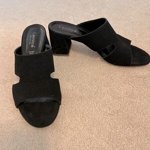 Black suede leather 100% Italian sandals. Square heels 2 1/2 inch. Worn once